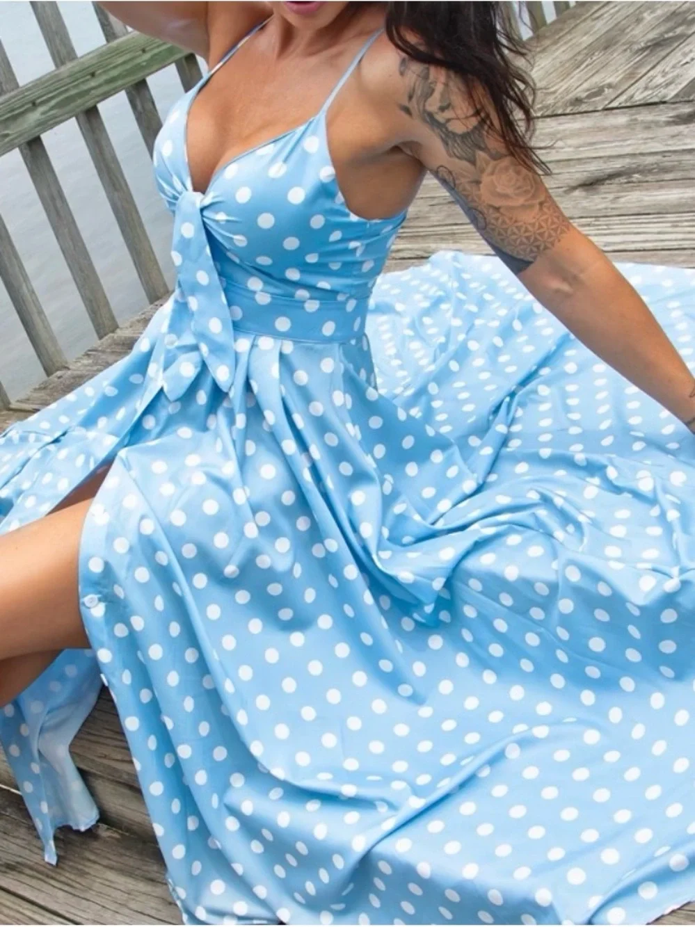 Light Blue Polka Dot Tie-Front Maxi Dress
